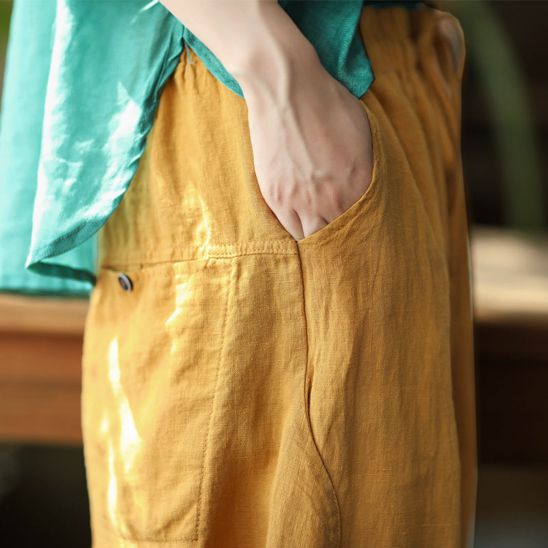 Women Summer Loose Retro Solid Linen Bloomers