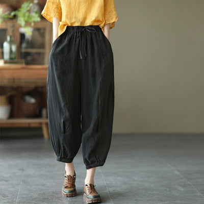 Women Summer Loose Retro Solid Linen Bloomers