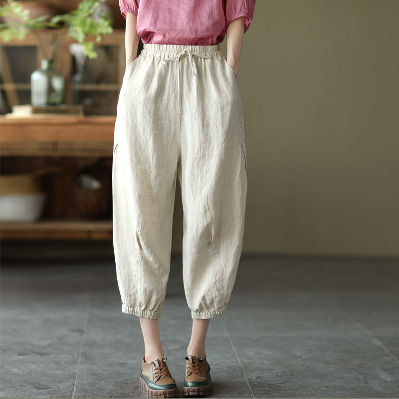 Women Summer Loose Retro Solid Linen Bloomers