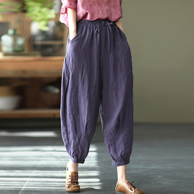 Women Summer Loose Retro Solid Linen Bloomers