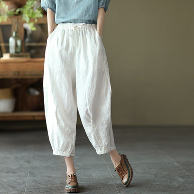 Frauen Sommer lose Retro solide Leinen Bloomers