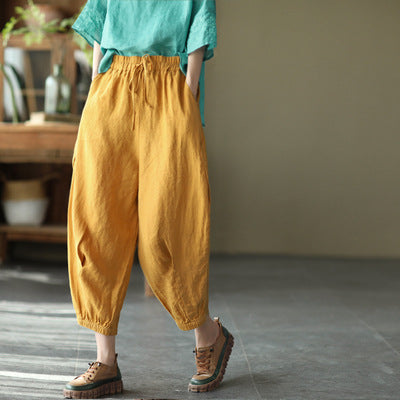 Women Summer Loose Retro Solid Linen Bloomers