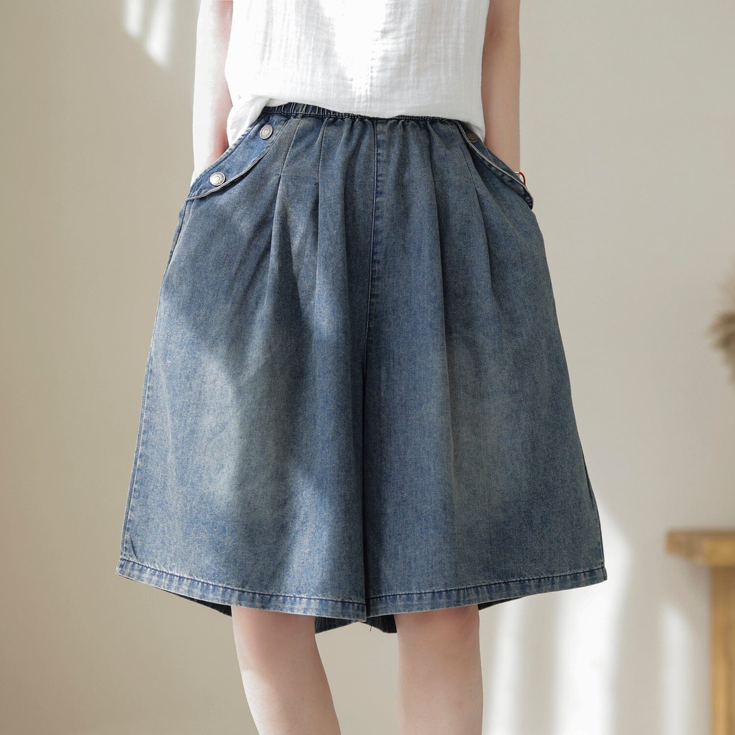 Women Summer Loose Solid Cotton Denim Shorts