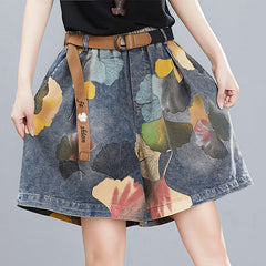 Women Summer Retro Floral Printed Denim Loose Shorts