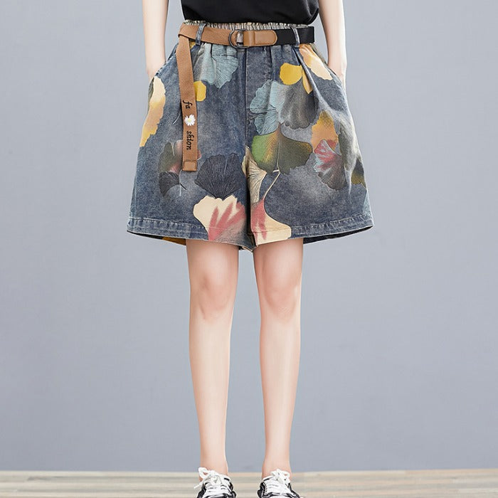 Women Summer Retro Floral Printed Denim Loose Shorts