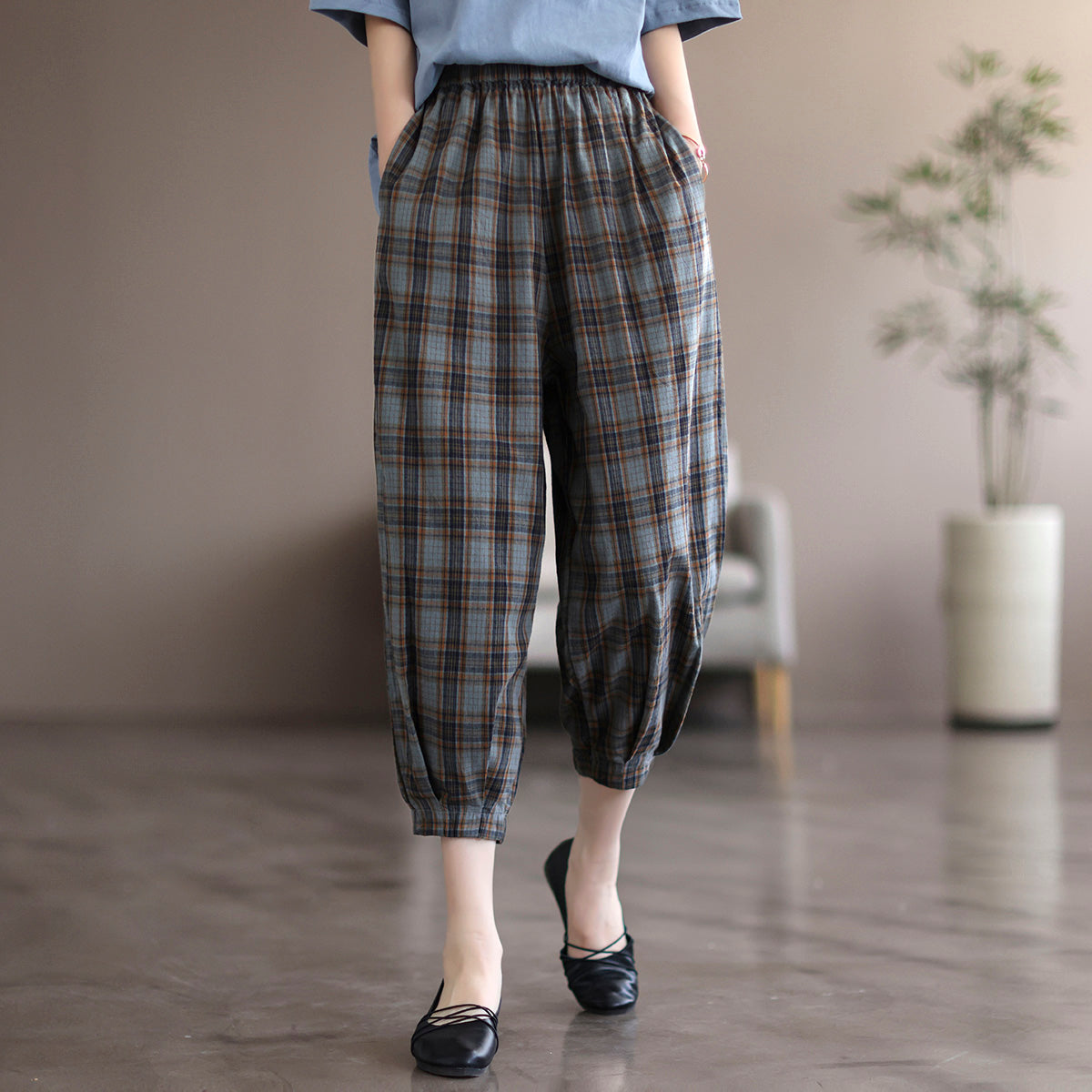 Women Summer Retro Linen Plaid Cropped Trousers