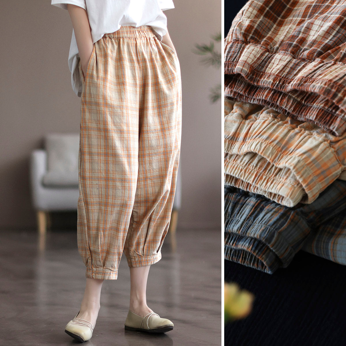 Women Summer Retro Linen Plaid Cropped Trousers