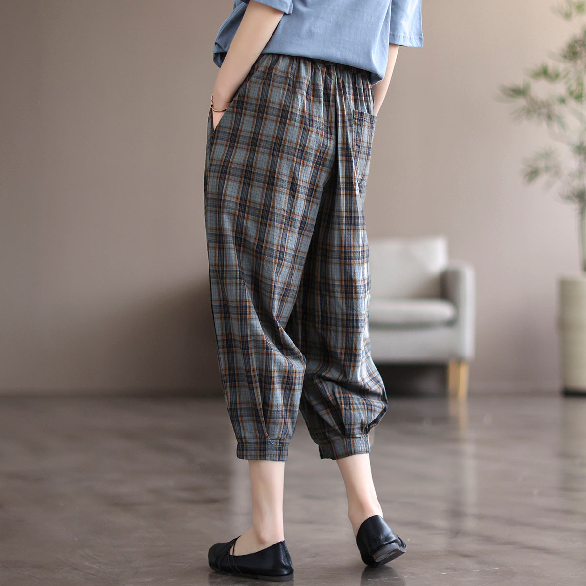 Women Summer Retro Linen Plaid Cropped Trousers