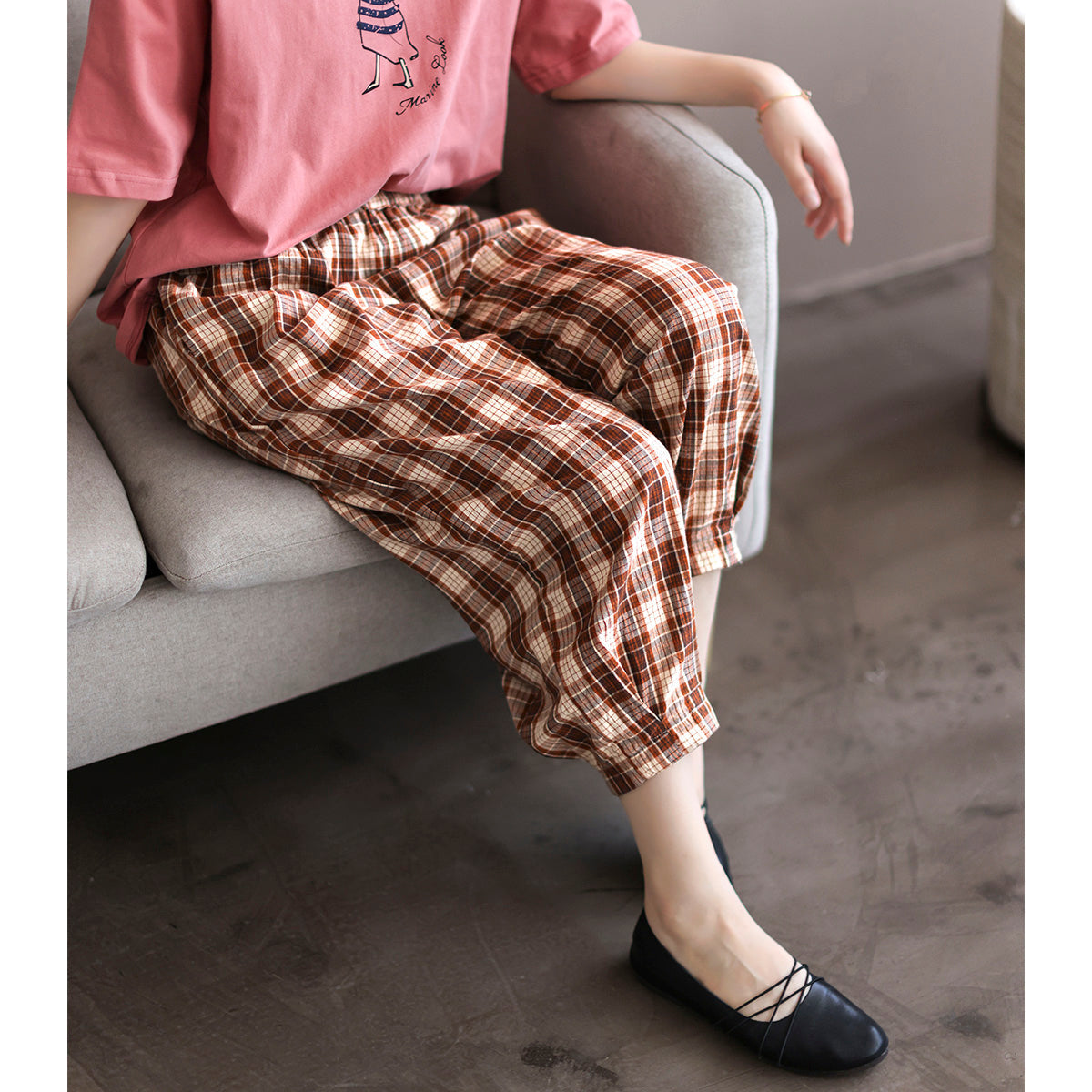 Women Summer Retro Linen Plaid Cropped Trousers