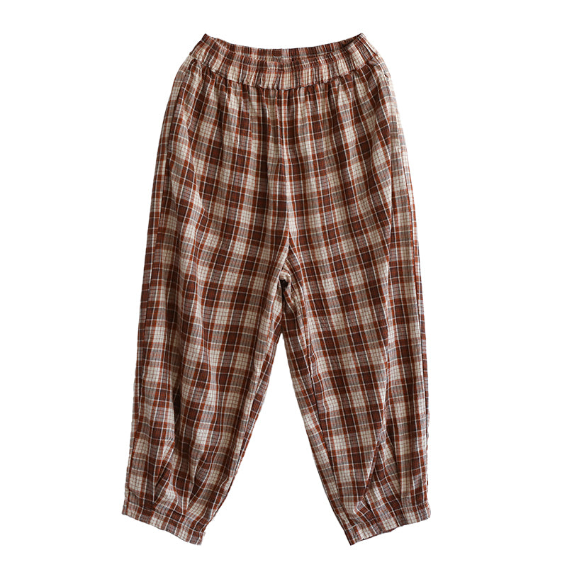 Women Summer Retro Linen Plaid Cropped Trousers