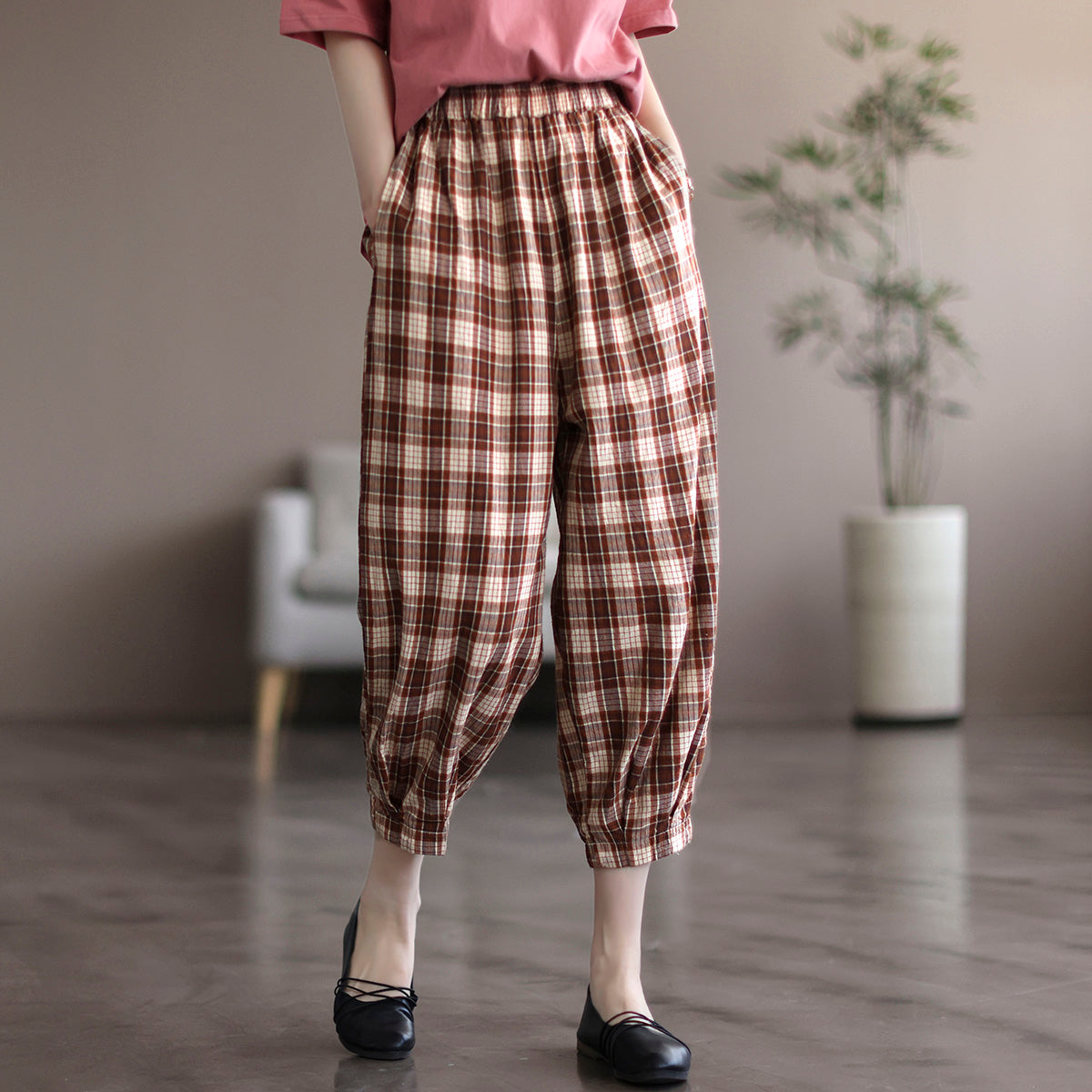 Women Summer Retro Linen Plaid Cropped Trousers