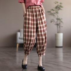 Women Summer Retro Linen Plaid Cropped Trousers