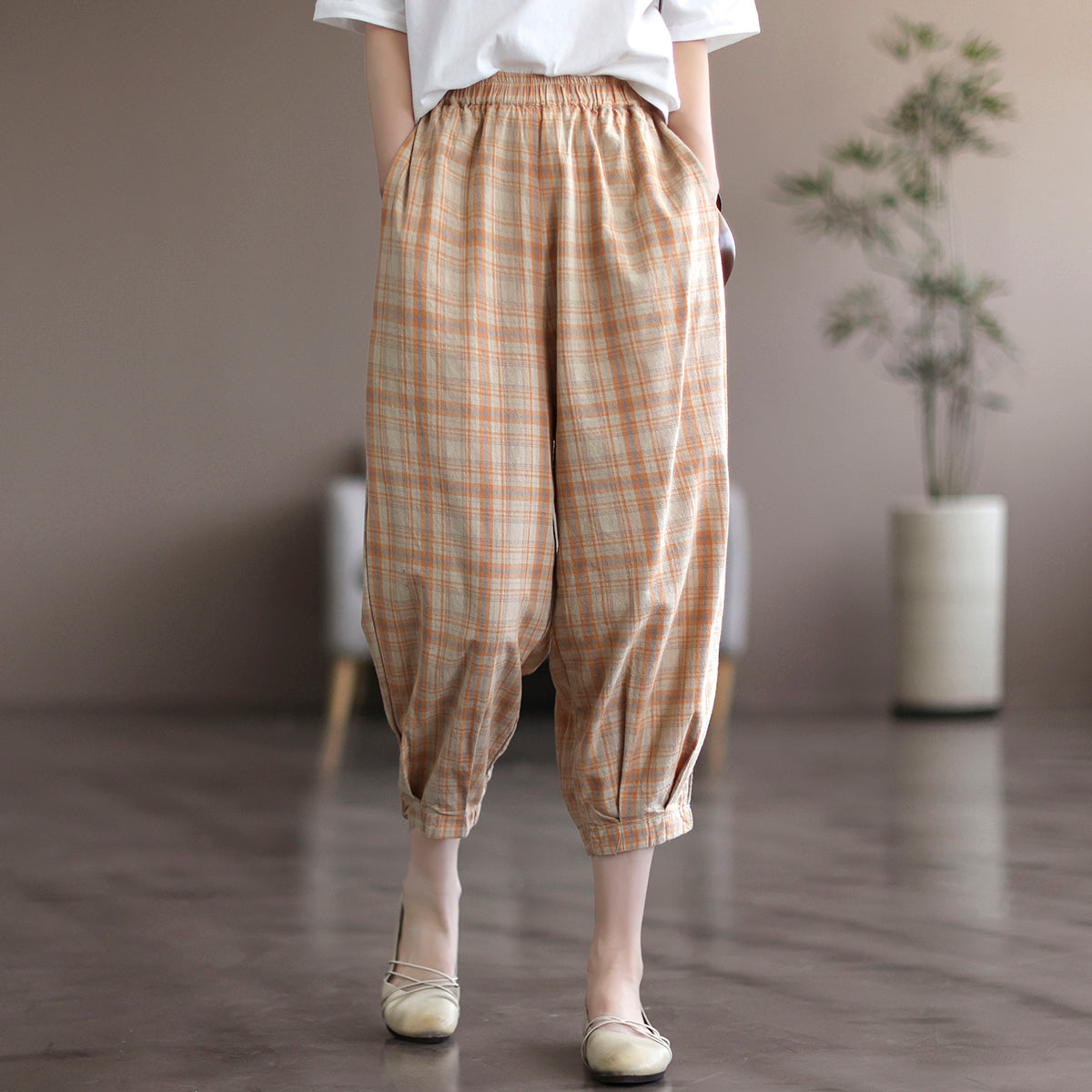 Women Summer Retro Linen Plaid Cropped Trousers