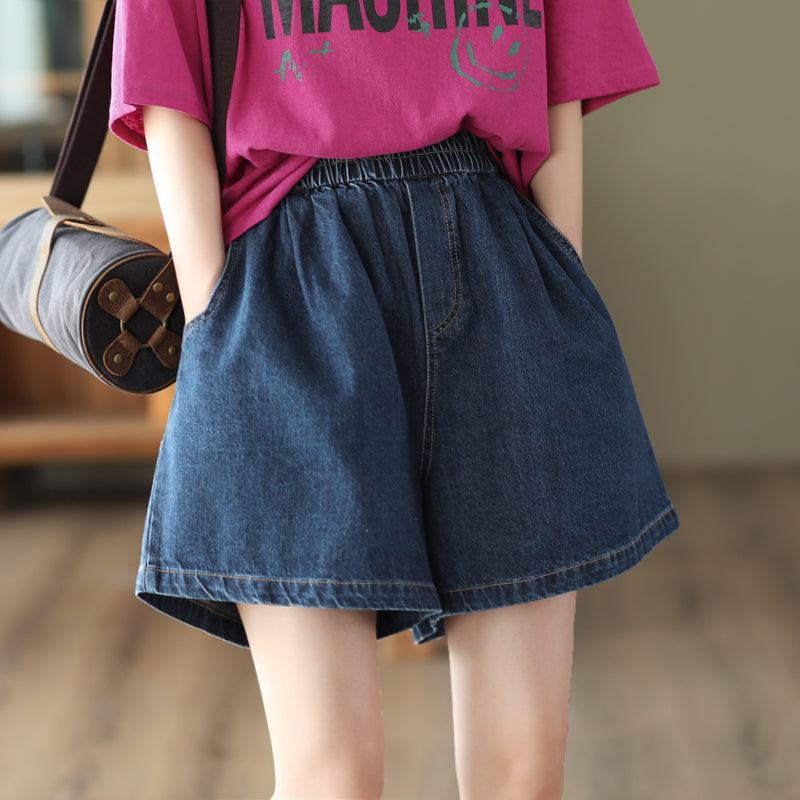 Women Summer Retro Loose Cotton Denim Shorts