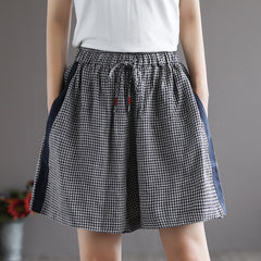 Women Summer Retro Loose Linen Plaid Shorts