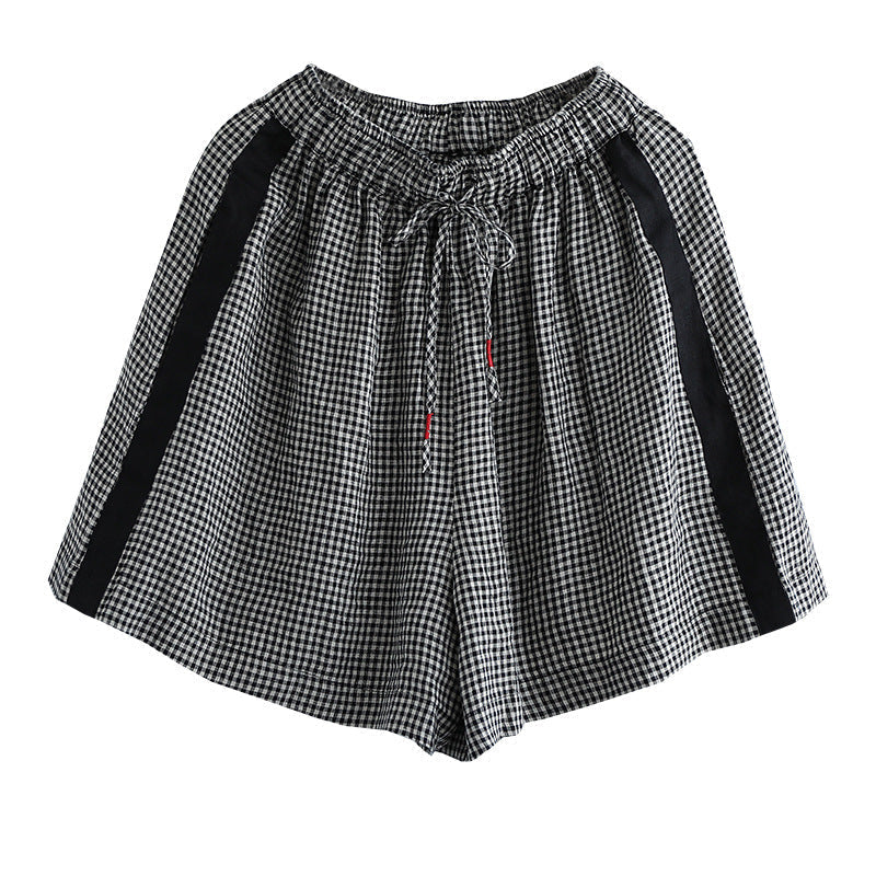 Women Summer Retro Loose Linen Plaid Shorts