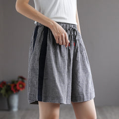 Women Summer Retro Loose Linen Plaid Shorts