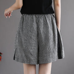 Women Summer Retro Loose Linen Plaid Shorts