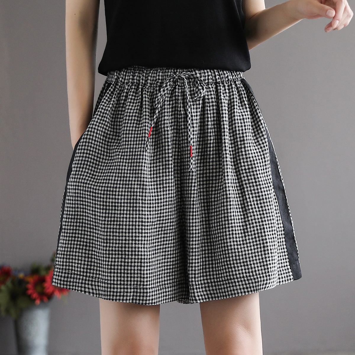 Women Summer Retro Loose Linen Plaid Shorts