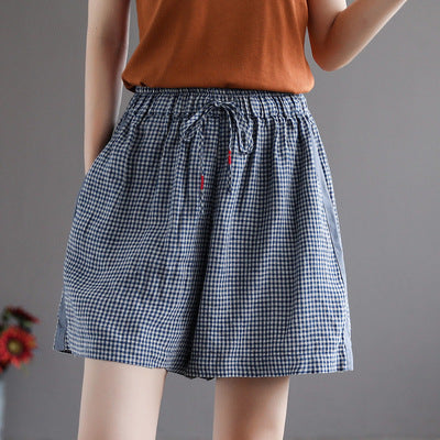 Women Summer Retro Loose Linen Plaid Shorts