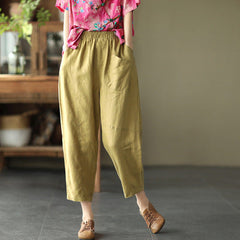 Women Summer Retro Loose Solid Linen Trousers