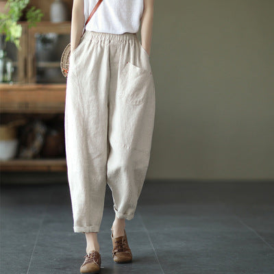 Women Summer Retro Loose Solid Linen Trousers