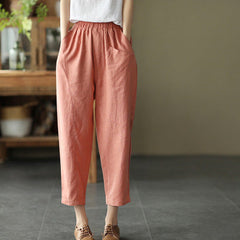 Women Summer Retro Loose Solid Linen Trousers