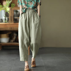 Women Summer Retro Loose Solid Linen Trousers