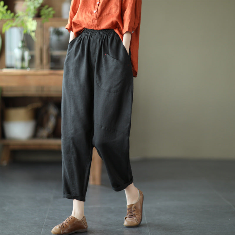 Women Summer Retro Loose Solid Linen Trousers