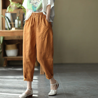 Women Summer Retro Loose Solid Linen Trousers