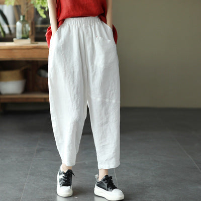 Women Summer Retro Loose Solid Linen Trousers