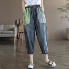 Women Summer Retro Patchwork Cotton Jeans