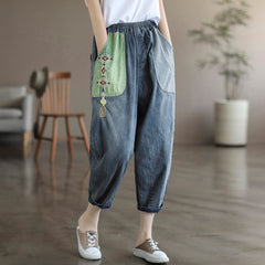 Women Summer Retro Patchwork Cotton Jeans