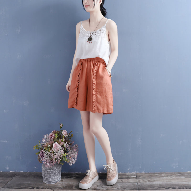 Women Summer Ruffle Cotton Linen Loose Shorts