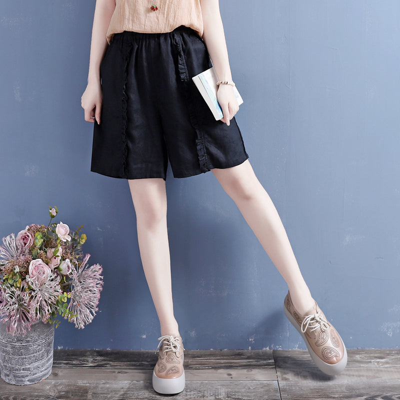 Women Summer Ruffle Cotton Linen Loose Shorts