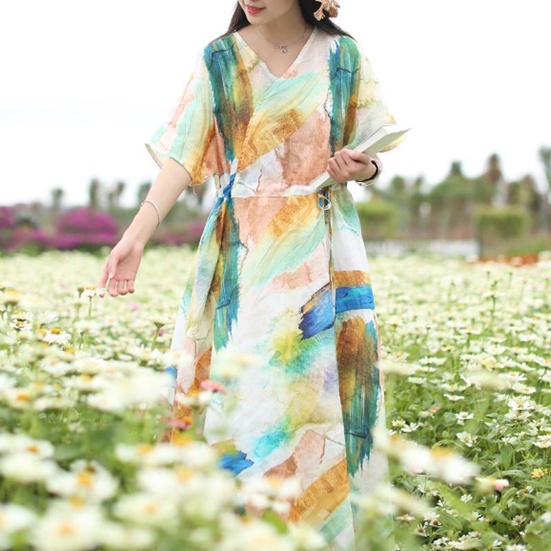 Women Summer V-Neck Printed Waisted Linen Short Sleeve Dress