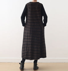 Women Winter Loose V-Neck Stripe Thick Dress