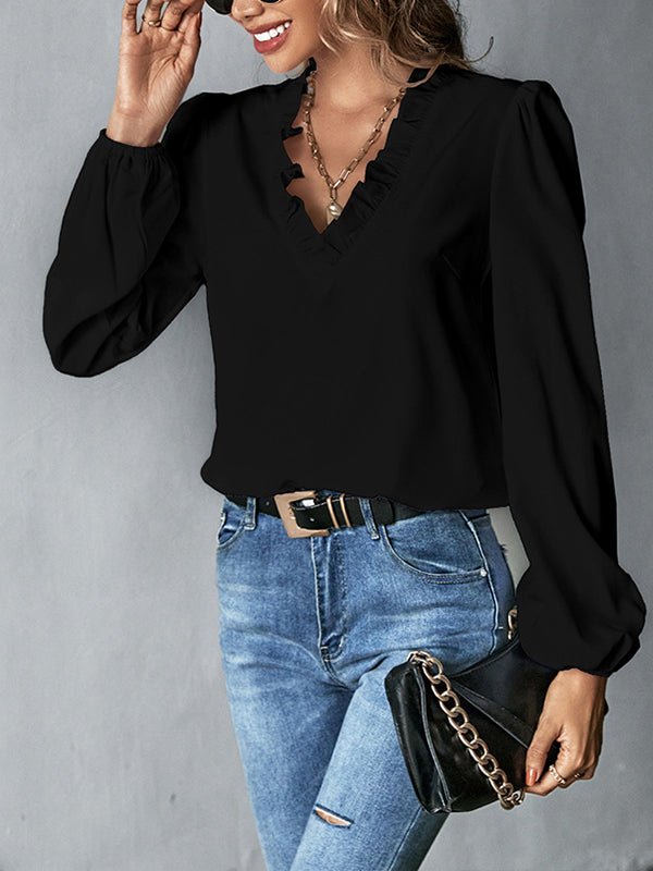 Women's Blouses Ruffle V Neck Loose Long Sleeve Blouse