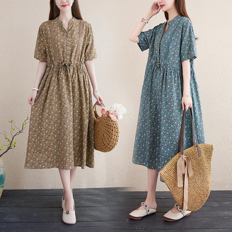 Women's Cotton Linen Floral Dress