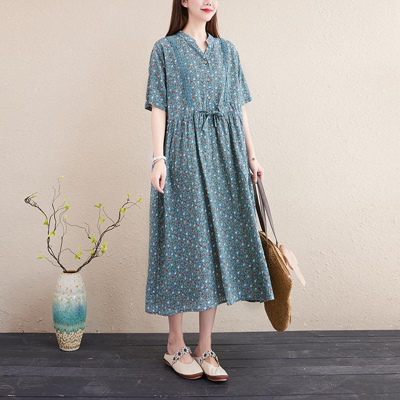 Women's Cotton Linen Floral Dress