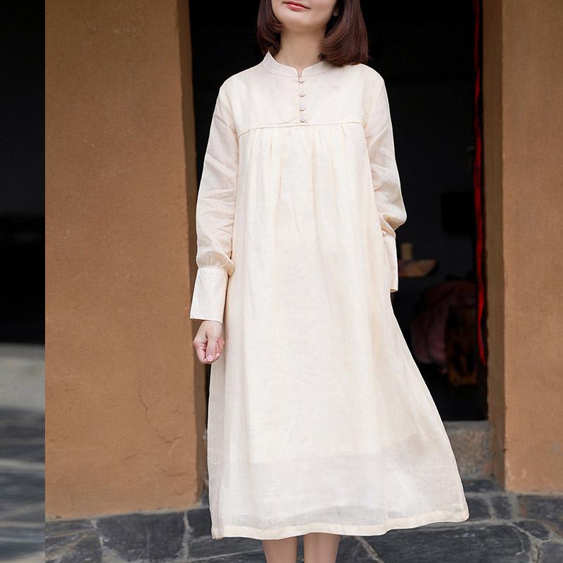 Womens Double-layer Long-sleeve Ramie Dress