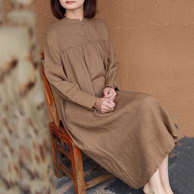 Womens Double-layer Long-sleeve Ramie Dress