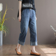 Women's Loose Straight-leg Straiped Denim Pants