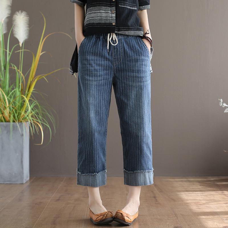 Women's Loose Straight-leg Straiped Denim Pants