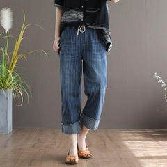 Women's Loose Straight-leg Straiped Denim Pants