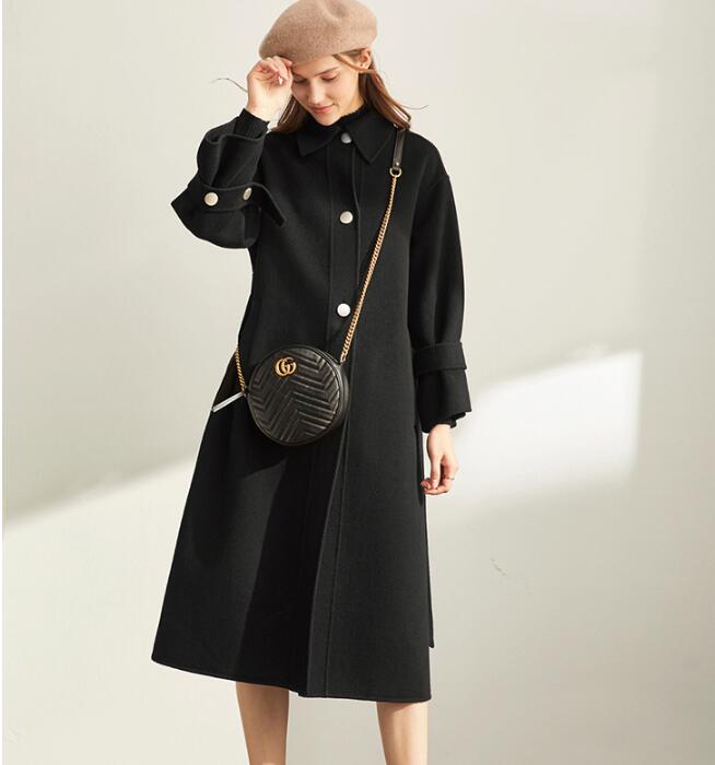 Black Double Face Winter Long Women Handmade Wool Coat Jacket