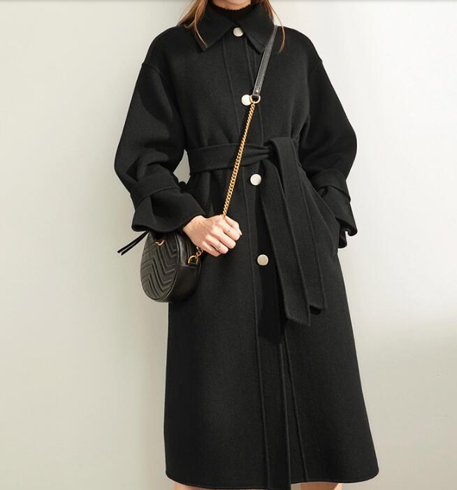 Black Double Face Winter Long Women Handmade Wool Coat Jacket