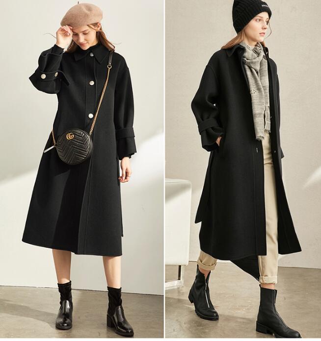 Black Double Face Winter Long Women Handmade Wool Coat Jacket